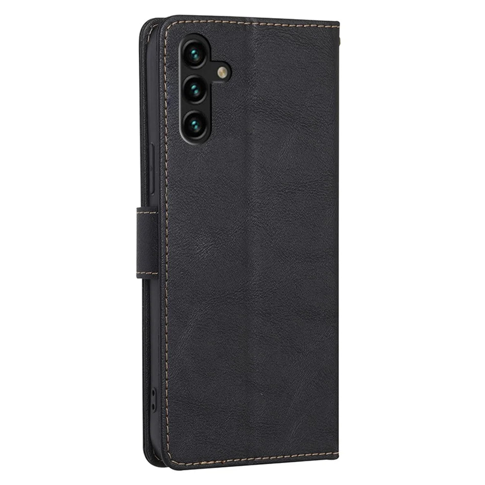 For Samsung Galaxy A04s 4G (164.7mm) Cowhide Texture PU Leather Phone Stand Wallet Case RFID Blocking Magnetic Clasp Well-protected Cover - Black - 7