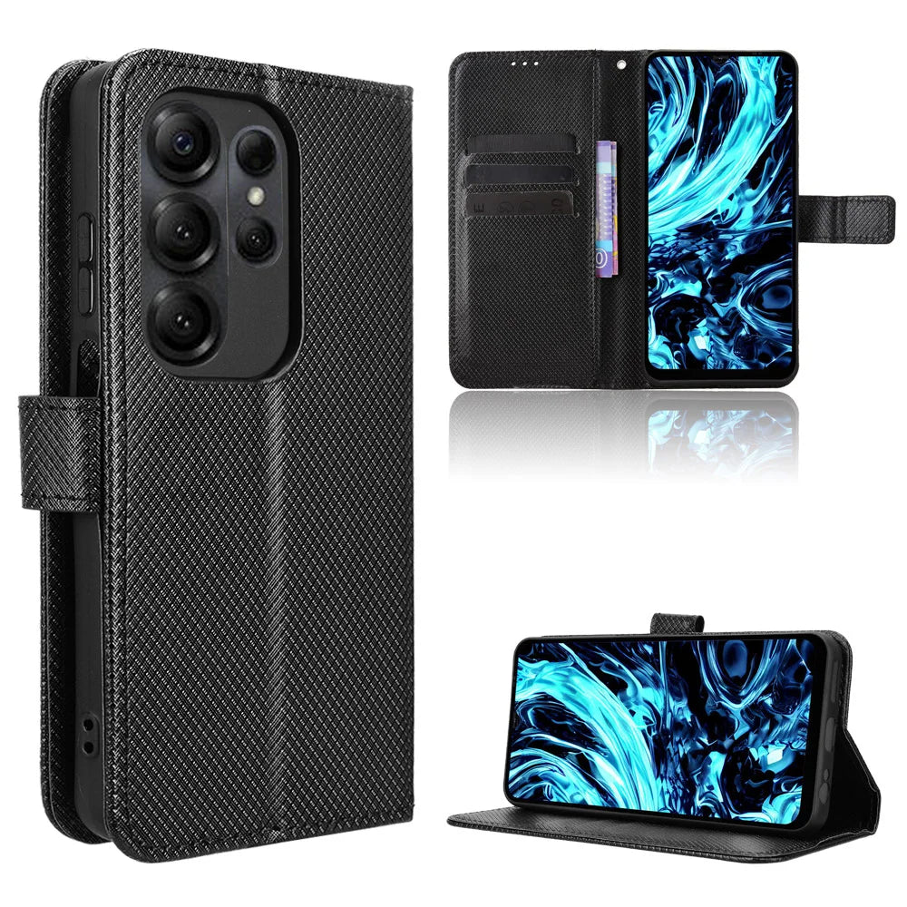 For Doogee Note 56X Leather Wallet Case with Strap Diamond Texture Phone Cover - Black - 1