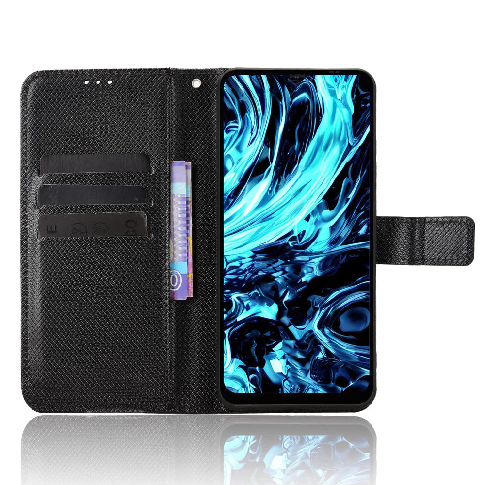 For Doogee Note 56X Leather Wallet Case with Strap Diamond Texture Phone Cover - Black - 6