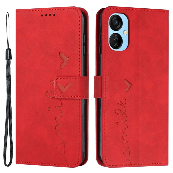 For TECNO Spark 9 Pro 4G Skin-Touch PU Leather Folio Flip Cove Imprinted Heart Shape Stand Function Wallet Phone Case with Strap -  Red - 1