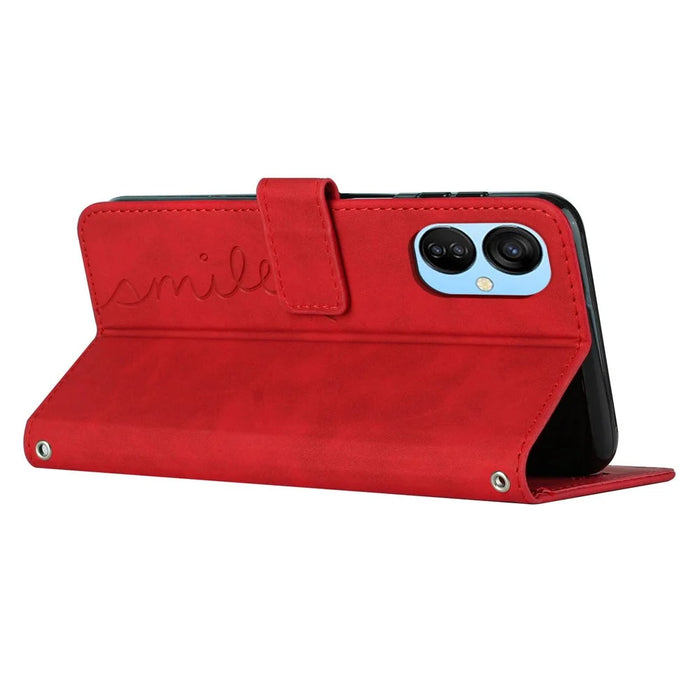 For TECNO Spark 9 Pro 4G Skin-Touch PU Leather Folio Flip Cove Imprinted Heart Shape Stand Function Wallet Phone Case with Strap -  Red - 3