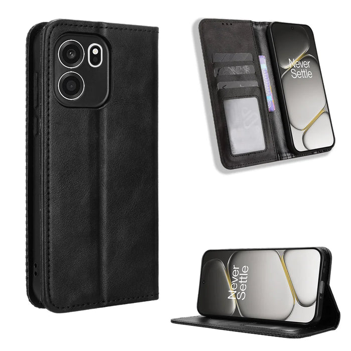 For OnePlus Nord CE6 5G / Turbo 6V 5G Leather Case Wallet Stand Retro Texture Phone Cover - Black - 1