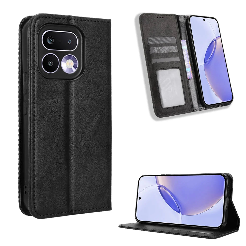 For Realme 16 Pro 5G Leather Case Wallet Stand Retro Texture Phone Cover - Black - 1
