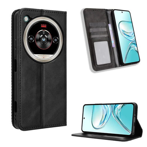 For ZTE nubia Focus 2 Ultra 5G Leather Case Wallet Stand Retro Texture Phone Cover - Black - 1