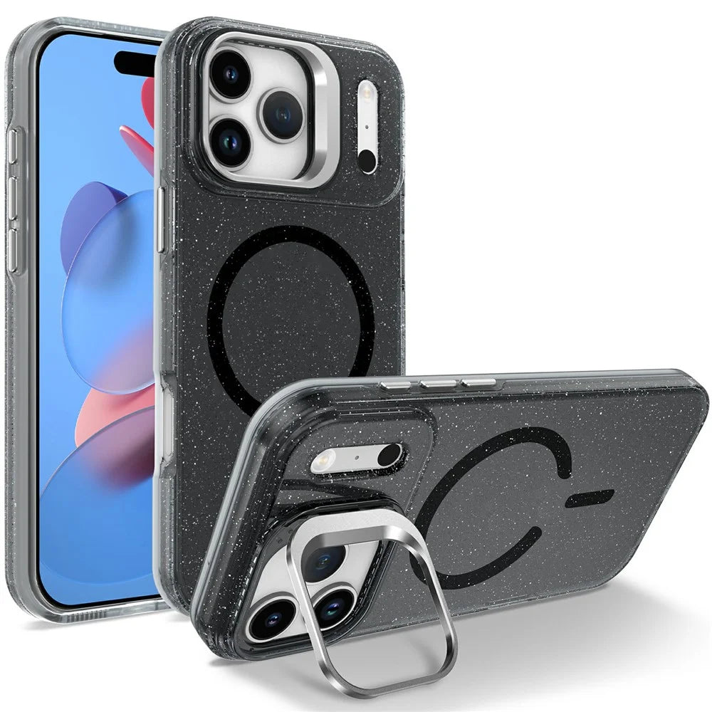 For Samsung Galaxy S26 Ultra Magnetic Case Shockproof TPU PC Glitter Phone Cover with Lens Frame Kickstand - Transparent Black - 1