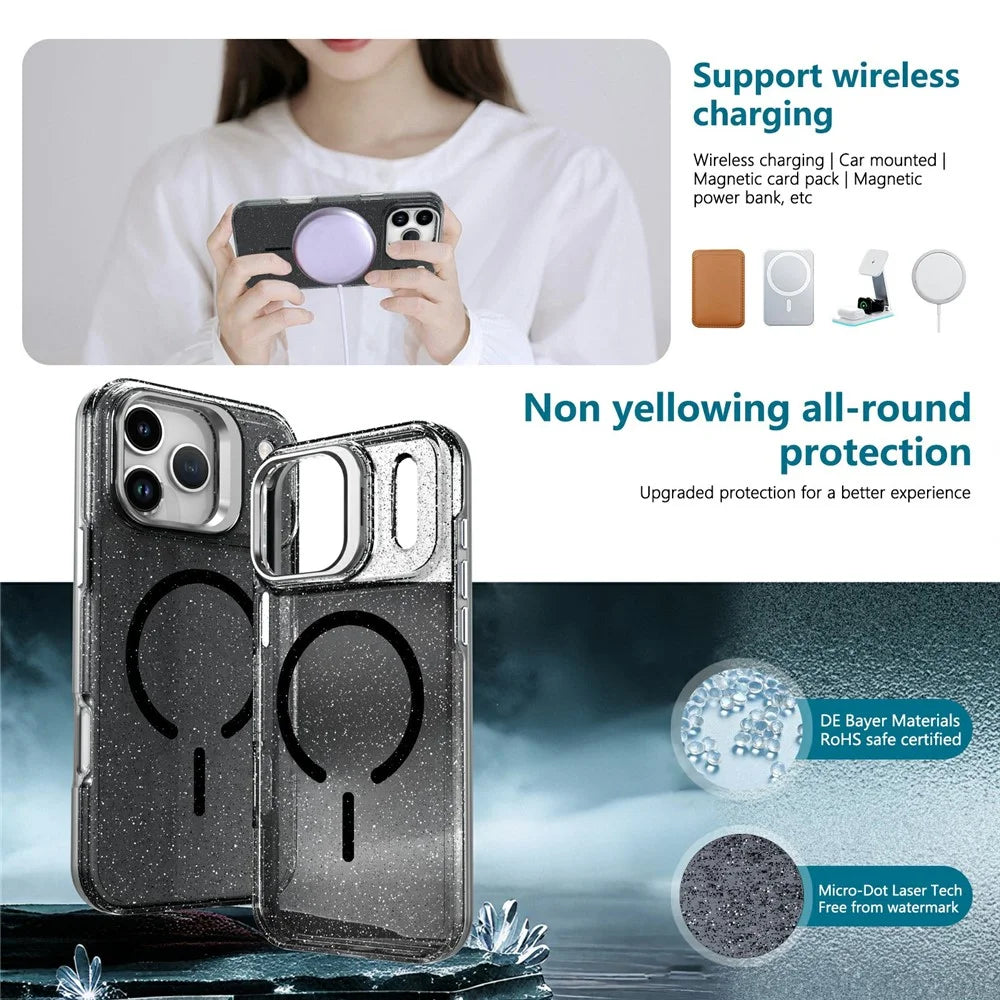For Samsung Galaxy S26 Ultra Magnetic Case Shockproof TPU PC Glitter Phone Cover with Lens Frame Kickstand - Transparent Black - 4