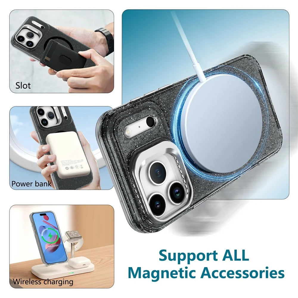 For Samsung Galaxy S26 Ultra Magnetic Case Shockproof TPU PC Glitter Phone Cover with Lens Frame Kickstand - Transparent Black - 6