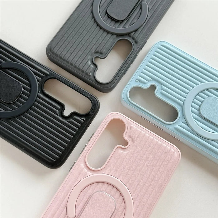 For Samsung Galaxy S26+ Magnetic Case Sliding Foldable Kickstand Corrugated PU Leather + PC Phone Cover - Pink - 7