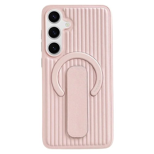 For Samsung Galaxy S25+ Magnetic Case Sliding Foldable Kickstand Corrugated PU Leather + PC Phone Cover - Pink - 1