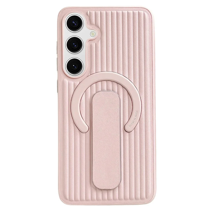 For Samsung Galaxy S25+ Magnetic Case Sliding Foldable Kickstand Corrugated PU Leather + PC Phone Cover - Pink - 1
