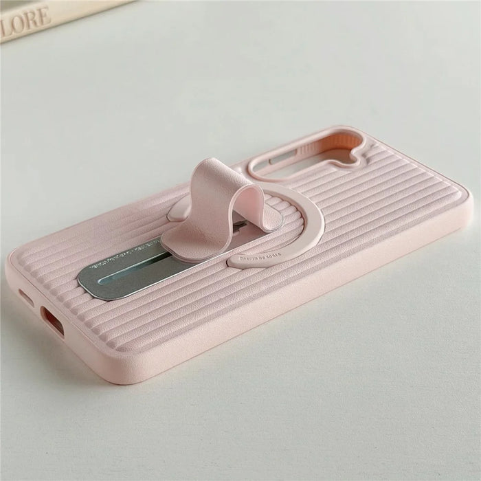 For Samsung Galaxy S25+ Magnetic Case Sliding Foldable Kickstand Corrugated PU Leather + PC Phone Cover - Pink - 3