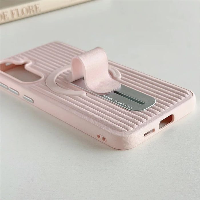 For Samsung Galaxy S25+ Magnetic Case Sliding Foldable Kickstand Corrugated PU Leather + PC Phone Cover - Pink - 4