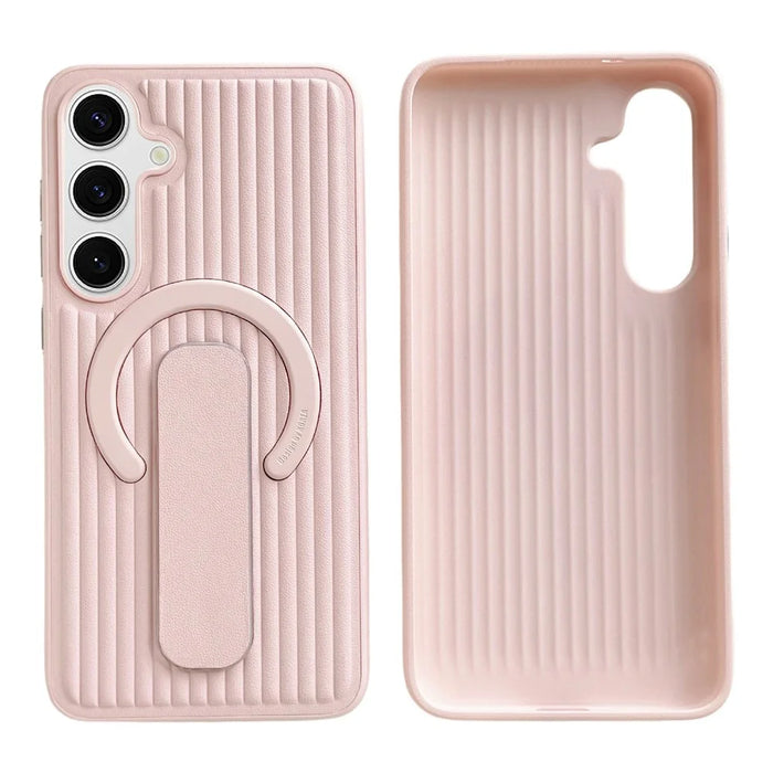 For Samsung Galaxy S24 Magnetic Case Sliding Foldable Kickstand Corrugated PU Leather + PC Phone Cover - Pink - 2