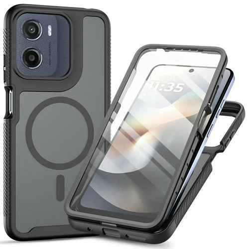 Magnetic Phone Case For Motorola Moto G17 Power 4G / G17 4G / G15 4G / G15 Power 4G / E15 4G / G05 4G 3 in 1 Translucent Skin Touch PC TPU Back Cover with PET Screen Film - Black - 1
