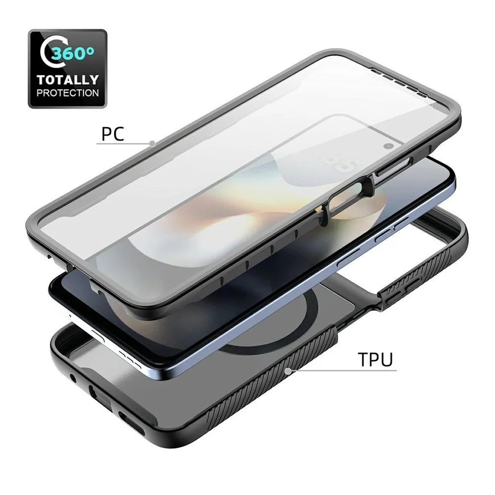 Magnetic Phone Case For Motorola Moto G17 Power 4G / G17 4G / G15 4G / G15 Power 4G / E15 4G / G05 4G 3 in 1 Translucent Skin Touch PC TPU Back Cover with PET Screen Film - Black - 4