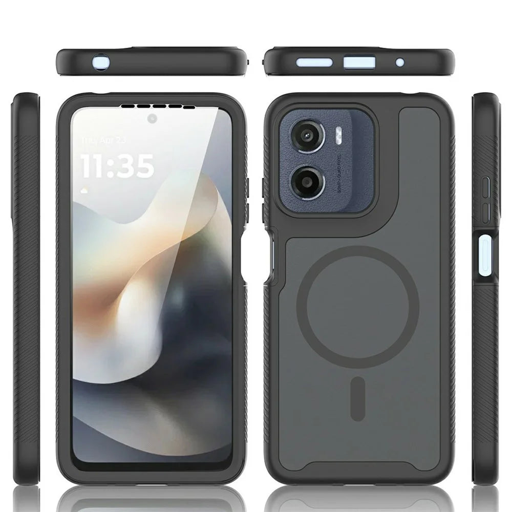 Magnetic Phone Case For Motorola Moto G17 Power 4G / G17 4G / G15 4G / G15 Power 4G / E15 4G / G05 4G 3 in 1 Translucent Skin Touch PC TPU Back Cover with PET Screen Film - Black - 6
