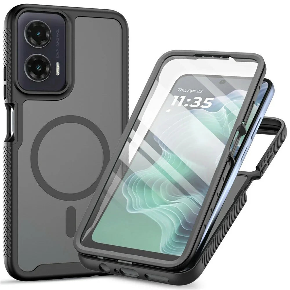 For Motorola Moto G35 5G Magnetic Phone Case 3 in 1 Translucent Skin Touch PC TPU Back Cover with PET Screen Film - Black - 1