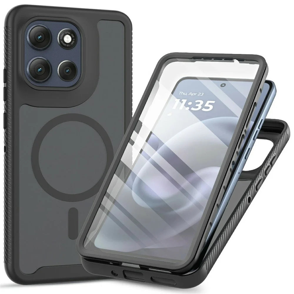For Motorola Moto G86 5G Magnetic Phone Case 3 in 1 Translucent Skin Touch PC TPU Back Cover with PET Screen Film - Black - 1