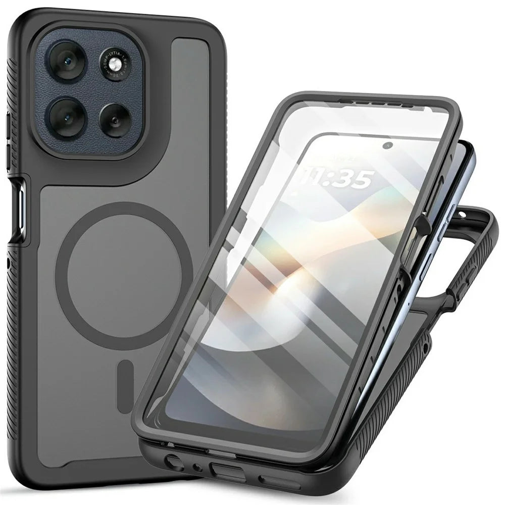 For Motorola Moto G56 5G Magnetic Phone Case 3 in 1 Translucent Skin Touch PC TPU Back Cover with PET Screen Film - Black - 1