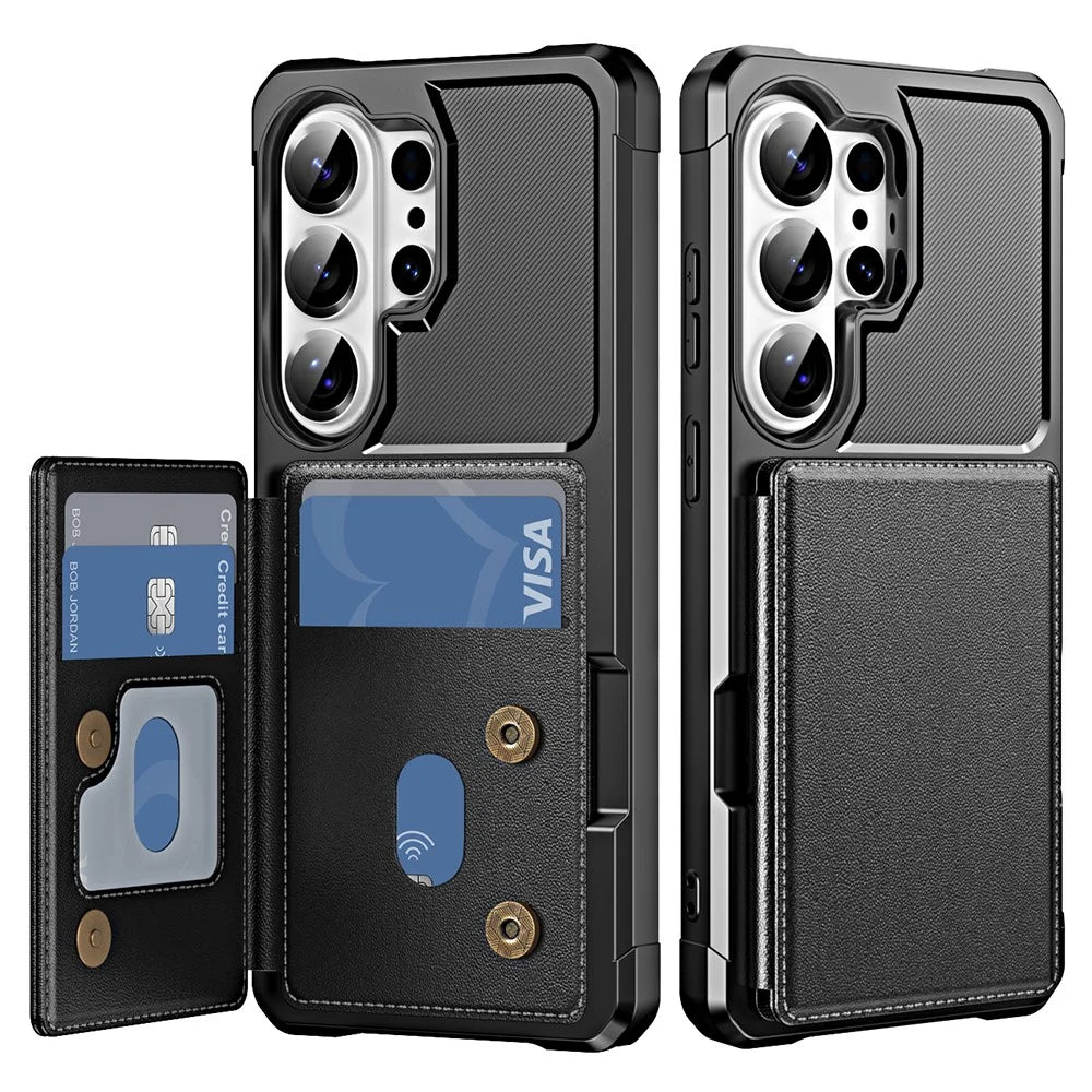 For Samsung Galaxy S26 Ultra Case Card Slot Kickstand Leather + TPU Reinforced Corner Phone Cover - Black - 1