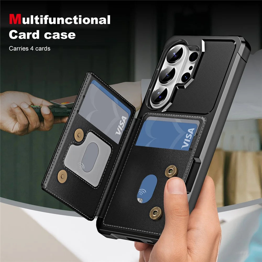 For Samsung Galaxy S26 Ultra Case Card Slot Kickstand Leather + TPU Reinforced Corner Phone Cover - Black - 4