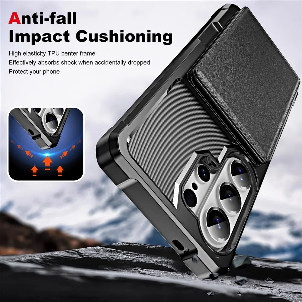 For Samsung Galaxy S26 Ultra Case Card Slot Kickstand Leather + TPU Reinforced Corner Phone Cover - Black - 7