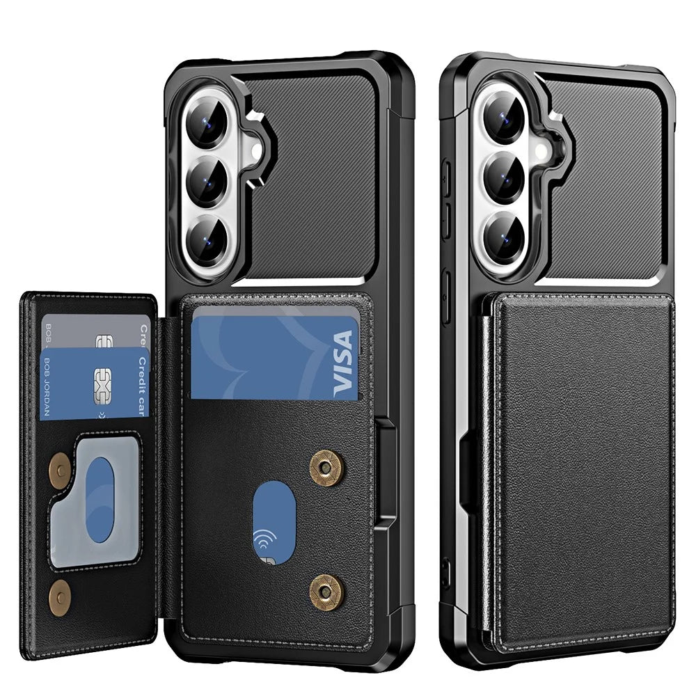 For Samsung Galaxy S26 Case Card Slot Kickstand Leather + TPU Reinforced Corner Phone Cover - Black - 1