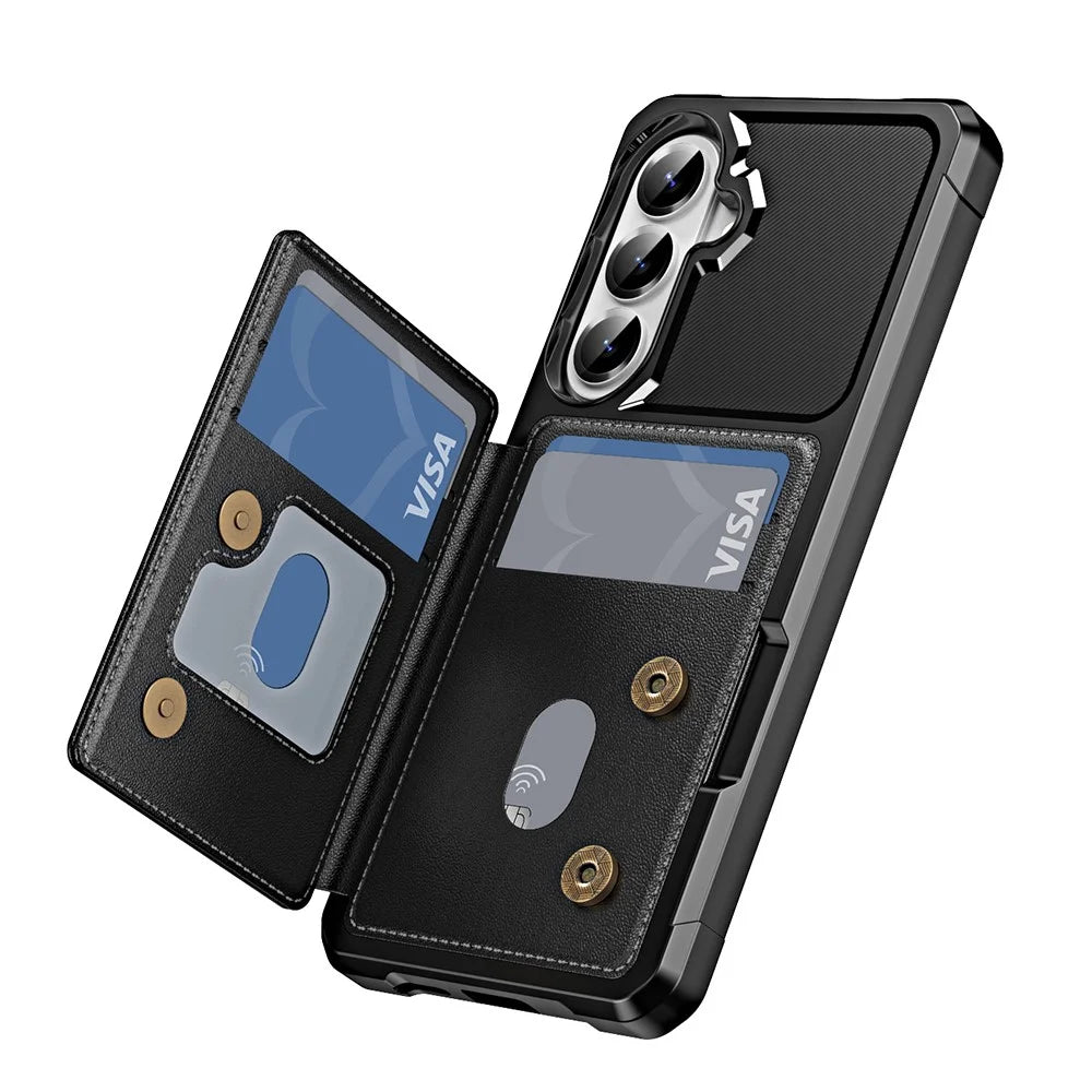 For Samsung Galaxy S26 Case Card Slot Kickstand Leather + TPU Reinforced Corner Phone Cover - Black - 2
