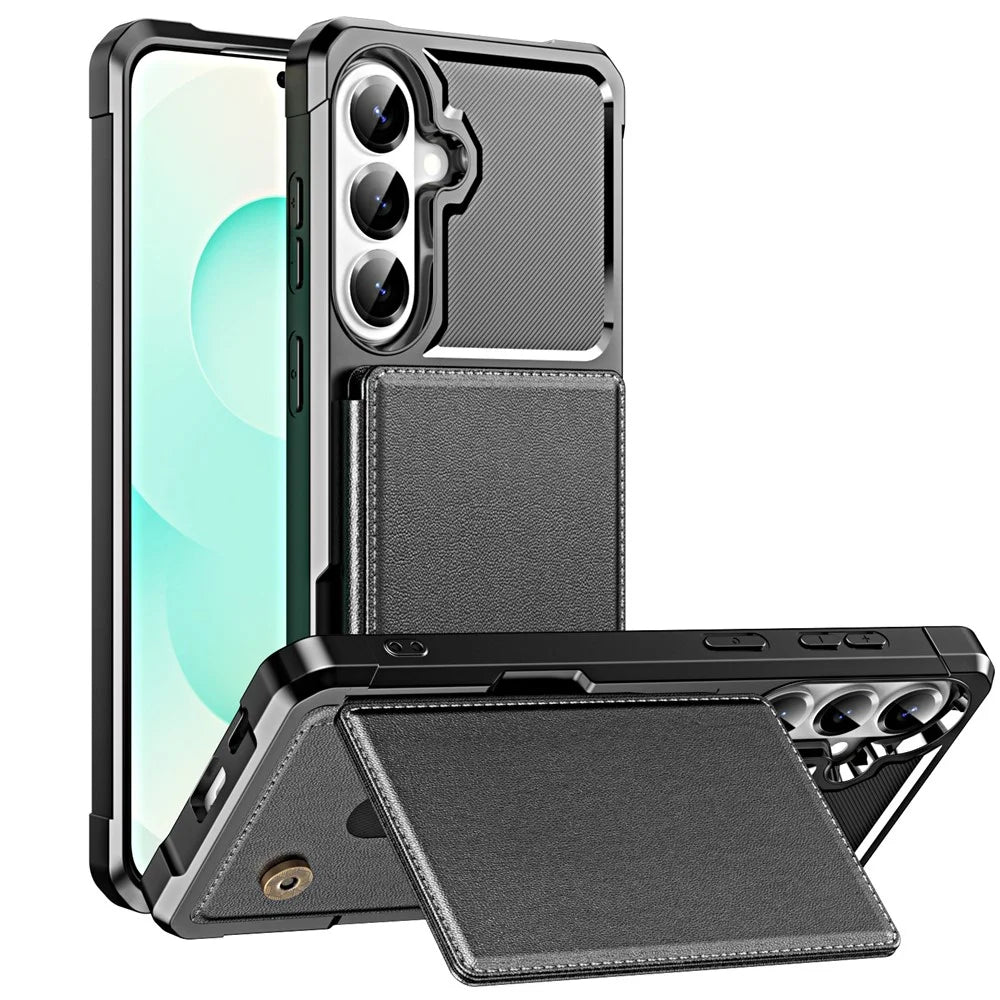 For Samsung Galaxy S26 Case Card Slot Kickstand Leather + TPU Reinforced Corner Phone Cover - Black - 3