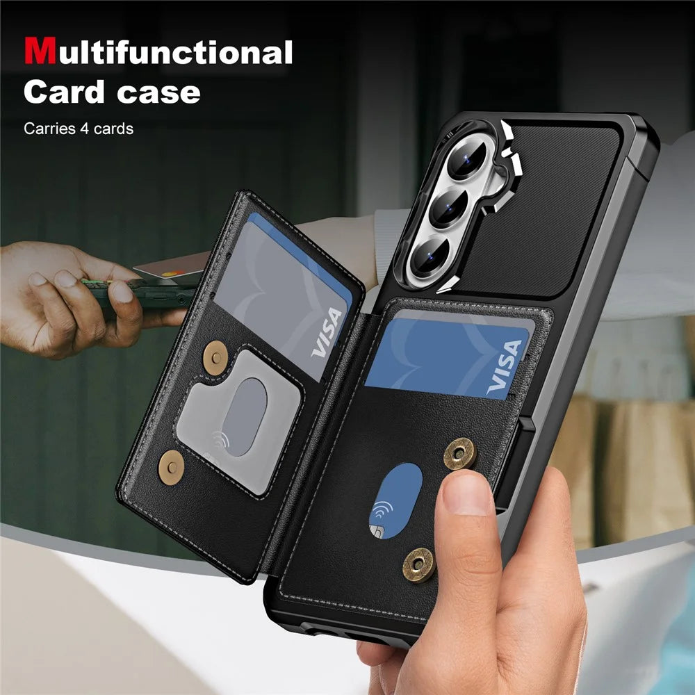 For Samsung Galaxy S26 Case Card Slot Kickstand Leather + TPU Reinforced Corner Phone Cover - Black - 4