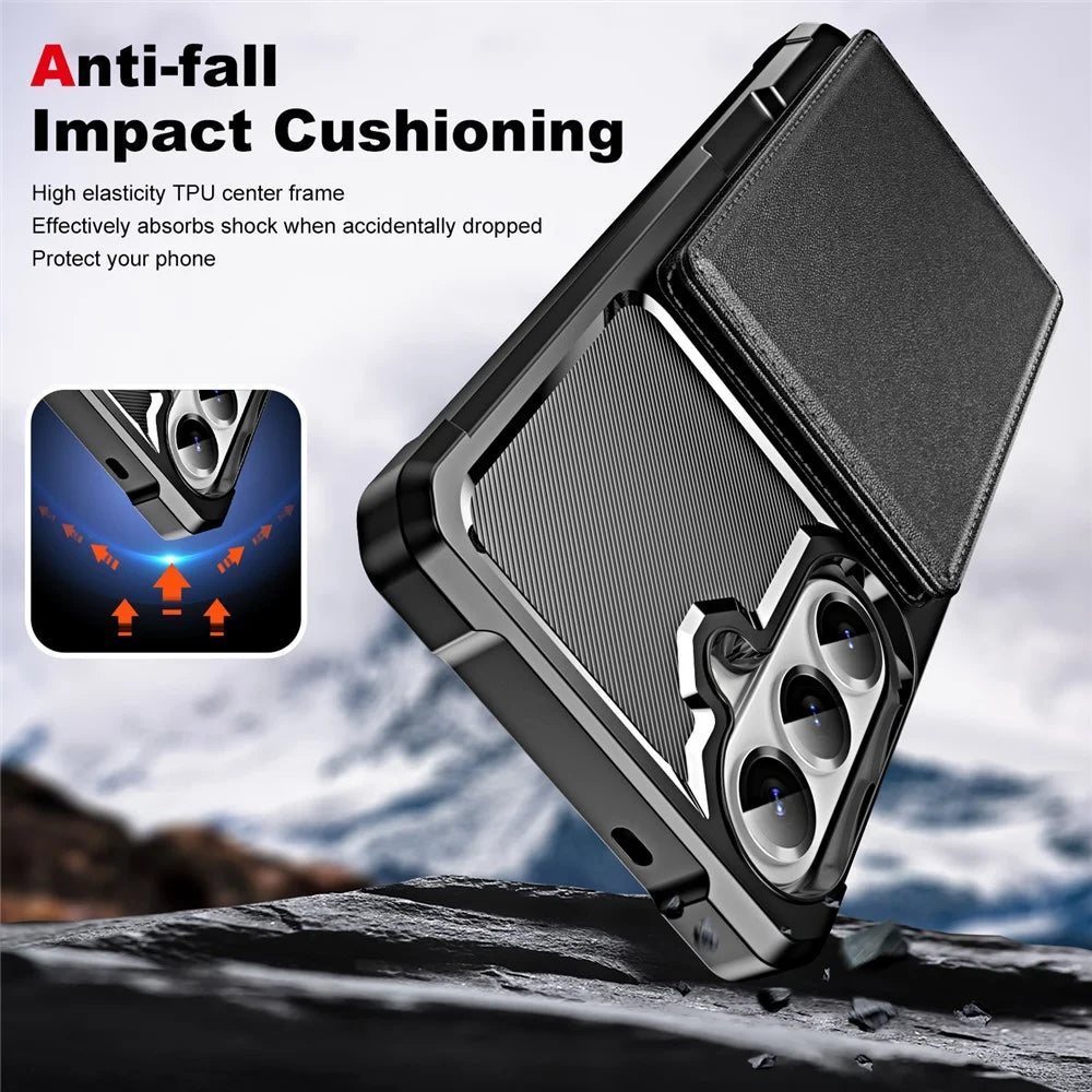 For Samsung Galaxy S26 Case Card Slot Kickstand Leather + TPU Reinforced Corner Phone Cover - Black - 7