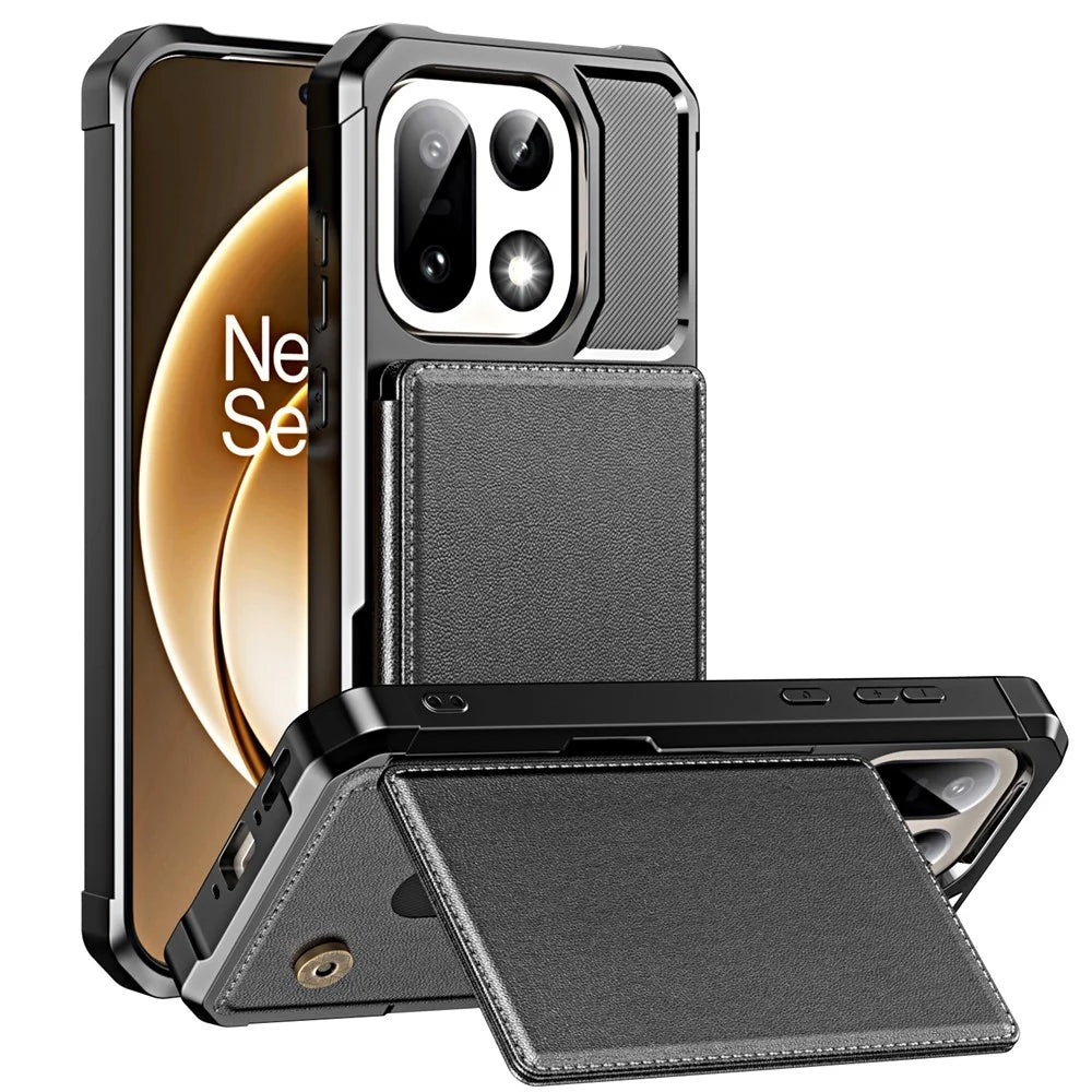 For OnePlus 15 5G Case Card Slot Kickstand Leather + TPU Reinforced Corner Phone Cover - Black - 3