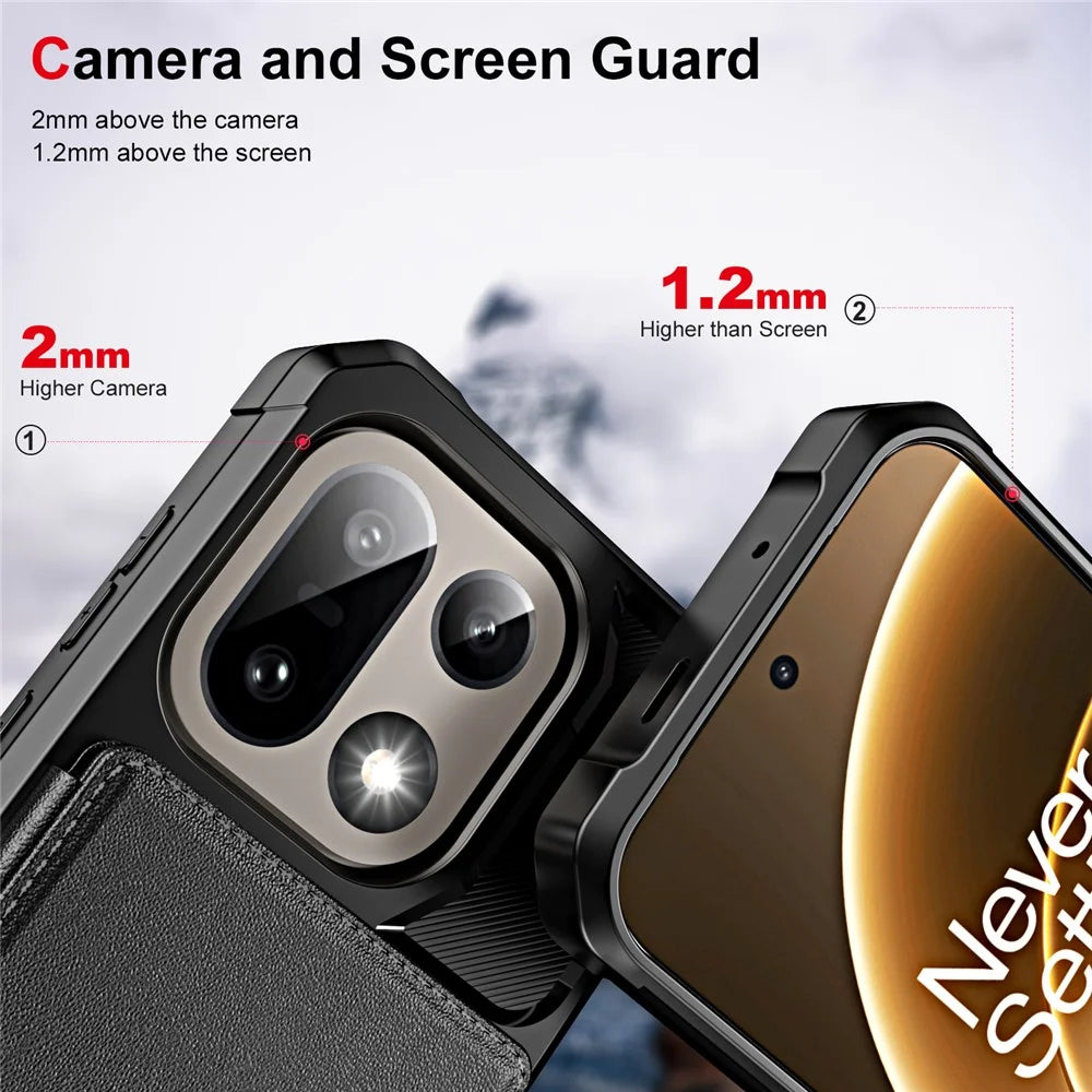 For OnePlus 15 5G Case Card Slot Kickstand Leather + TPU Reinforced Corner Phone Cover - Black - 5