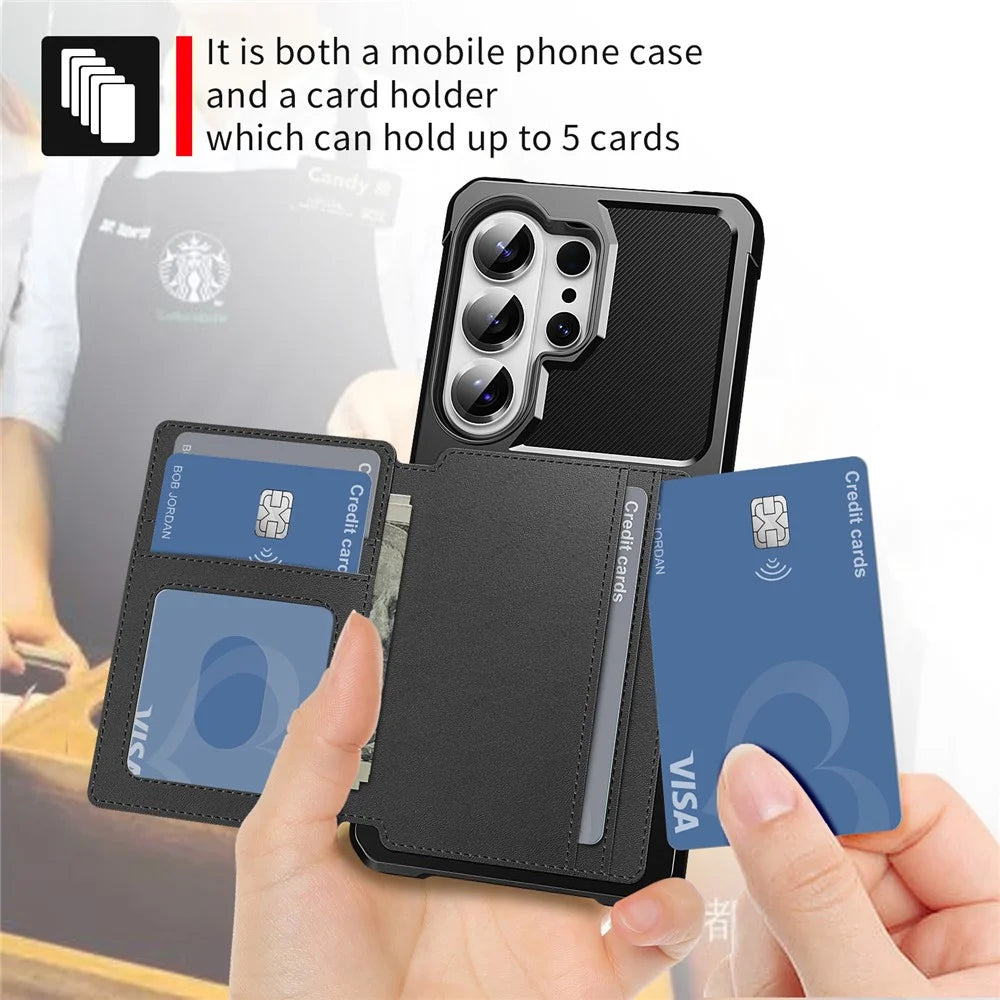 For Samsung Galaxy S26 Ultra Case with Card Holder PU Leather + TPU Phone Back Cover - Black - 5