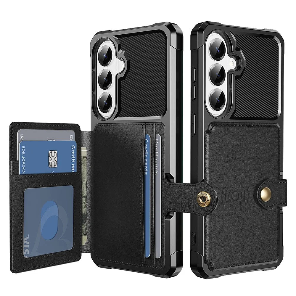 For Samsung Galaxy S26+ Case with Card Holder PU Leather + TPU Phone Back Cover - Black - 1