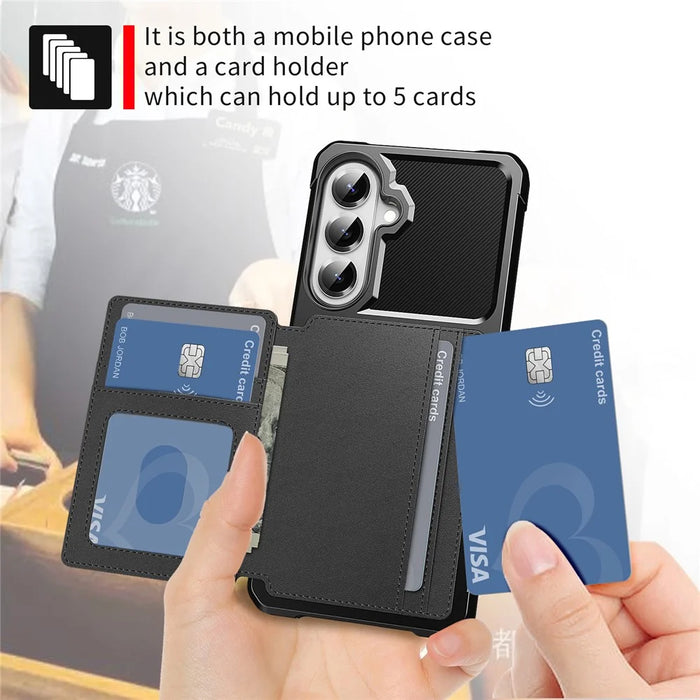 For Samsung Galaxy S26+ Case with Card Holder PU Leather + TPU Phone Back Cover - Black - 5