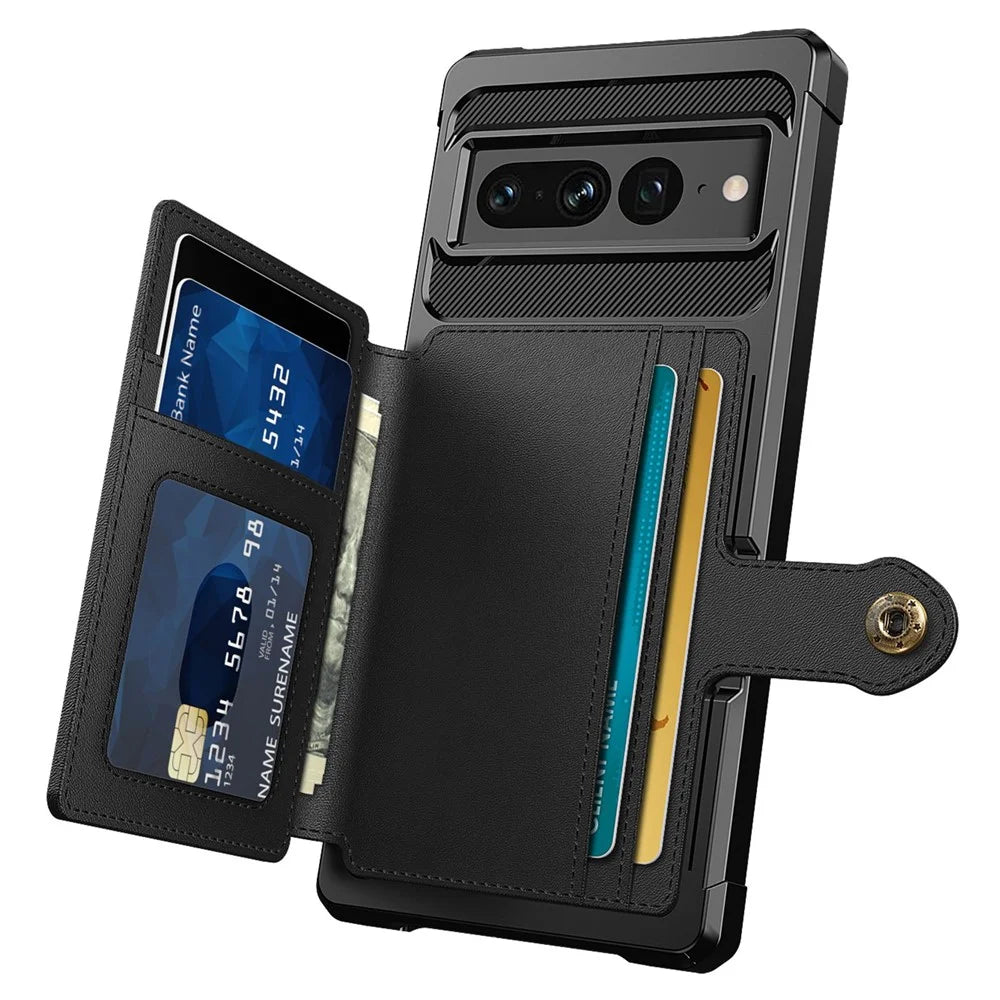ZM03 for Google Pixel 7 Pro 5G Shockproof Phone Case Kickstand Card Holder Phone Back Cover with Magnetic Metal Sheet - Black - 3