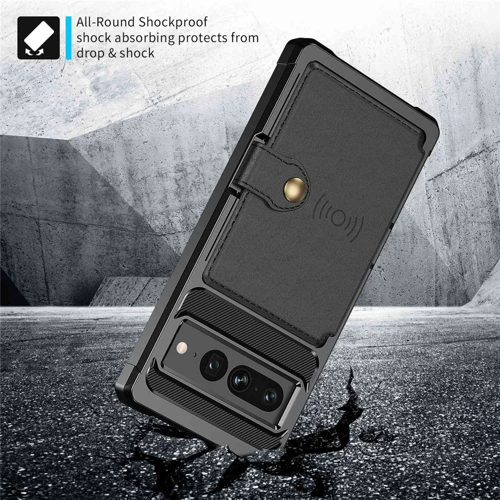 ZM03 for Google Pixel 7 Pro 5G Shockproof Phone Case Kickstand Card Holder Phone Back Cover with Magnetic Metal Sheet - Black - 4