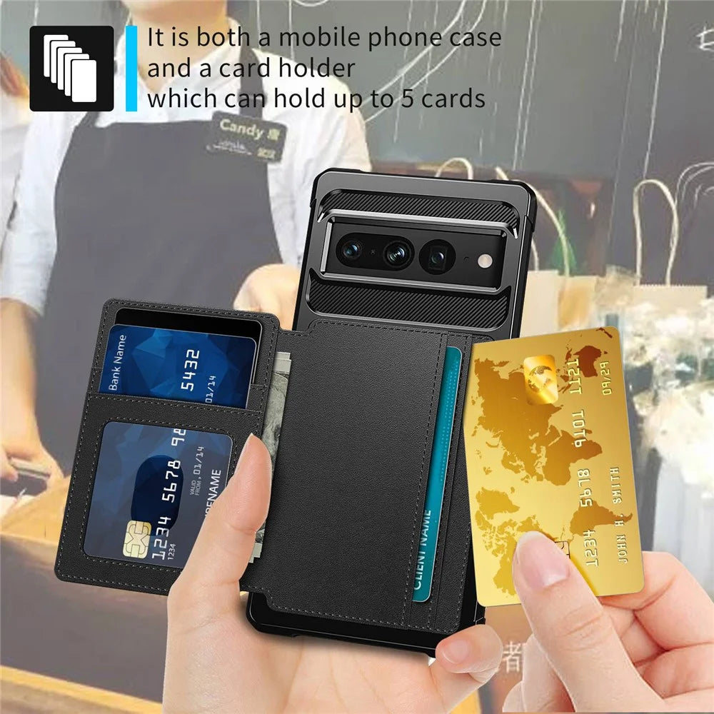 ZM03 for Google Pixel 7 Pro 5G Shockproof Phone Case Kickstand Card Holder Phone Back Cover with Magnetic Metal Sheet - Black - 5