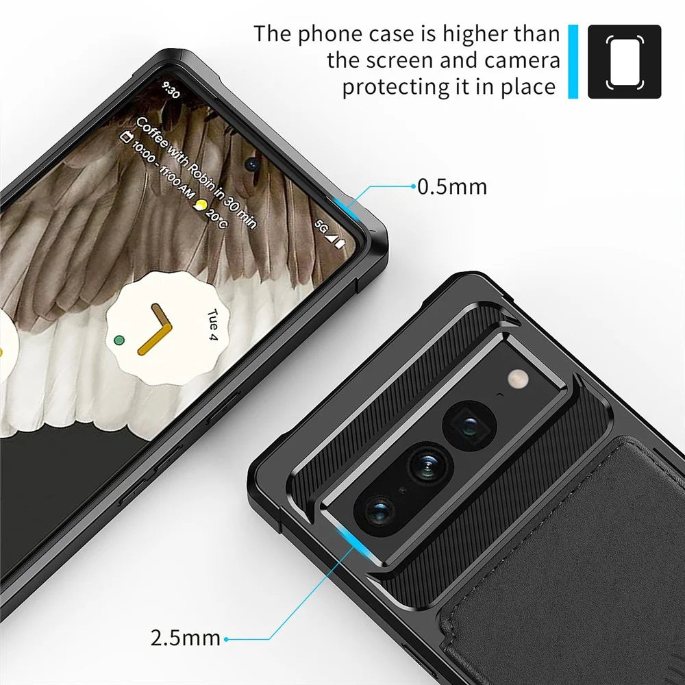 ZM03 for Google Pixel 7 Pro 5G Shockproof Phone Case Kickstand Card Holder Phone Back Cover with Magnetic Metal Sheet - Black - 6