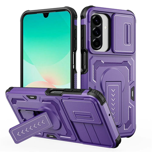 For Samsung Galaxy A18 5G / A18 4G / A26 5G / A17 5G / A17 4G Case Slide Lens Shield PC + TPU Kickstand Phone Cover - Purple - 1