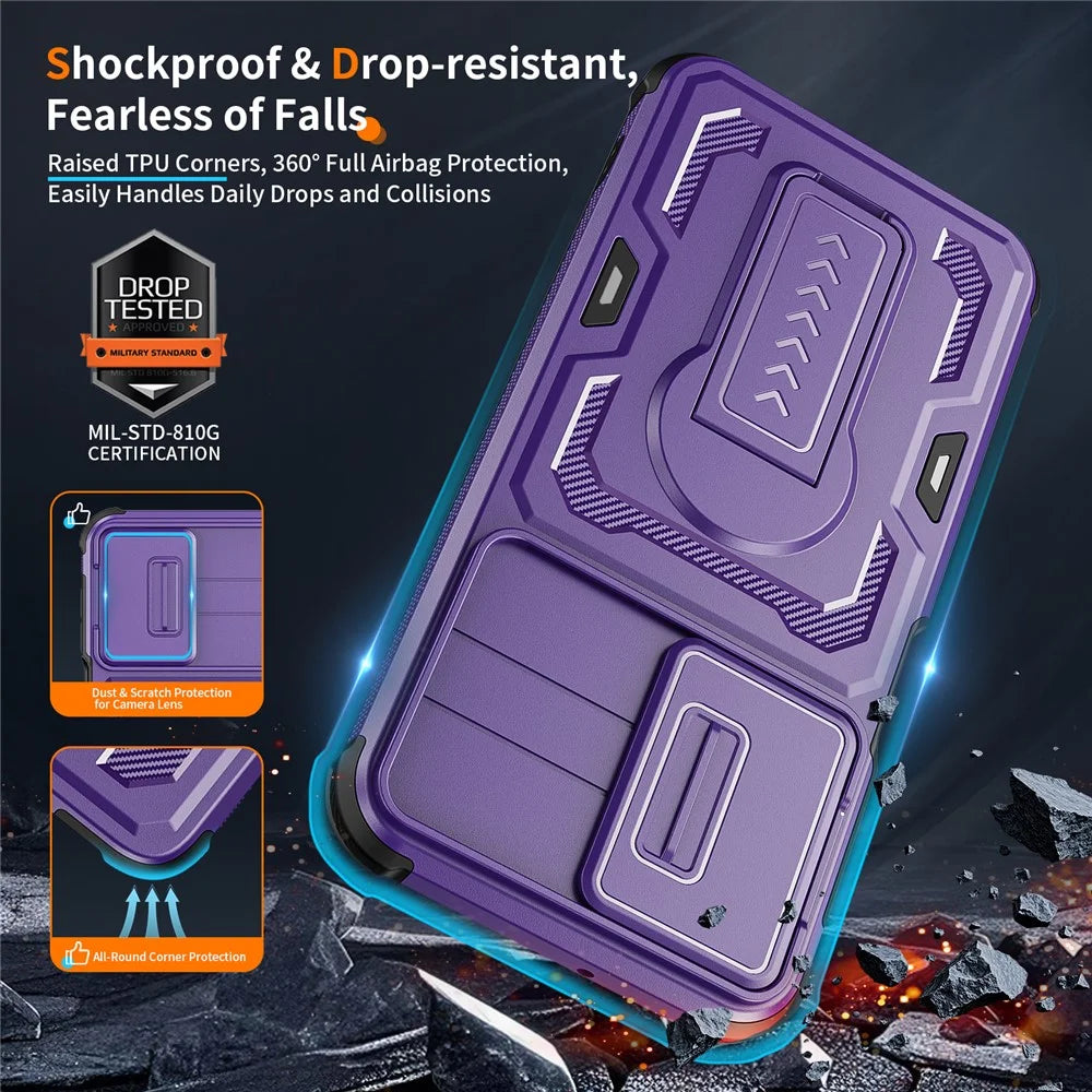 For Samsung Galaxy A18 5G / A18 4G / A26 5G / A17 5G / A17 4G Case Slide Lens Shield PC + TPU Kickstand Phone Cover - Purple - 5