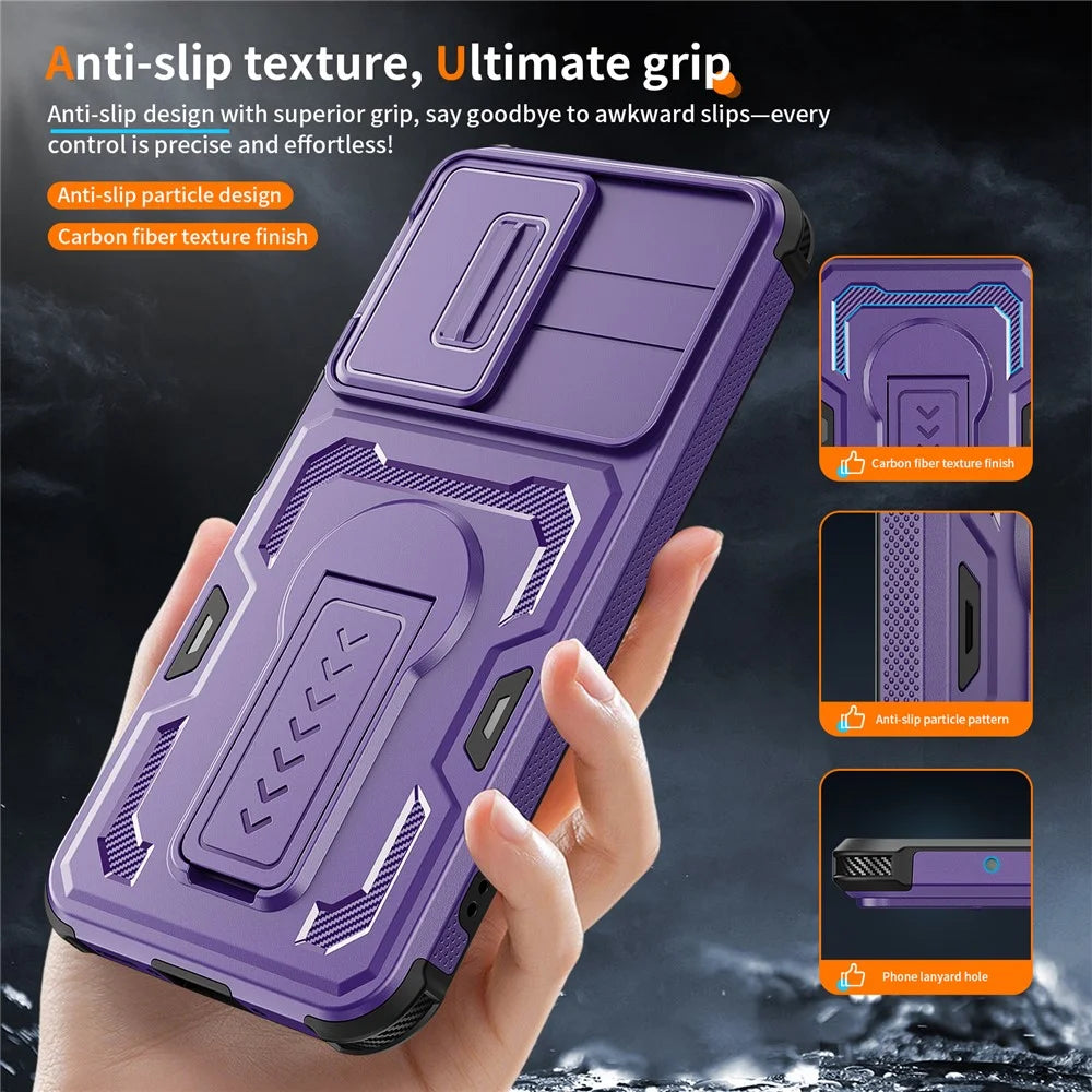 For Samsung Galaxy A18 5G / A18 4G / A26 5G / A17 5G / A17 4G Case Slide Lens Shield PC + TPU Kickstand Phone Cover - Purple - 6