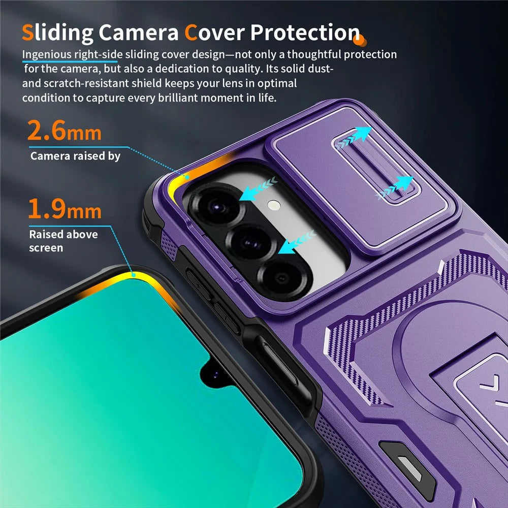 For Samsung Galaxy A18 5G / A18 4G / A26 5G / A17 5G / A17 4G Case Slide Lens Shield PC + TPU Kickstand Phone Cover - Purple - 7