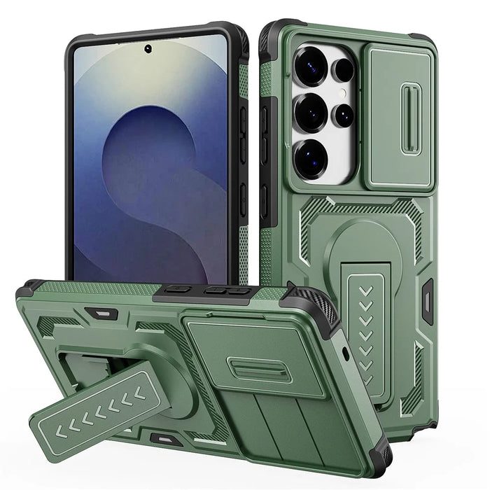 For Samsung Galaxy S25 Ultra Case Slide Lens Shield PC + TPU Kickstand Phone Cover - Green - 1