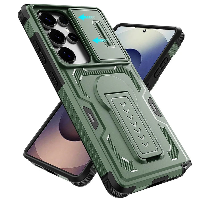 For Samsung Galaxy S25 Ultra Case Slide Lens Shield PC + TPU Kickstand Phone Cover - Green - 3