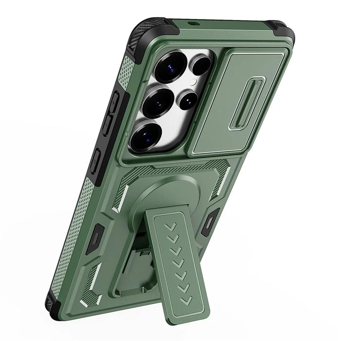 For Samsung Galaxy S25 Ultra Case Slide Lens Shield PC + TPU Kickstand Phone Cover - Green - 4