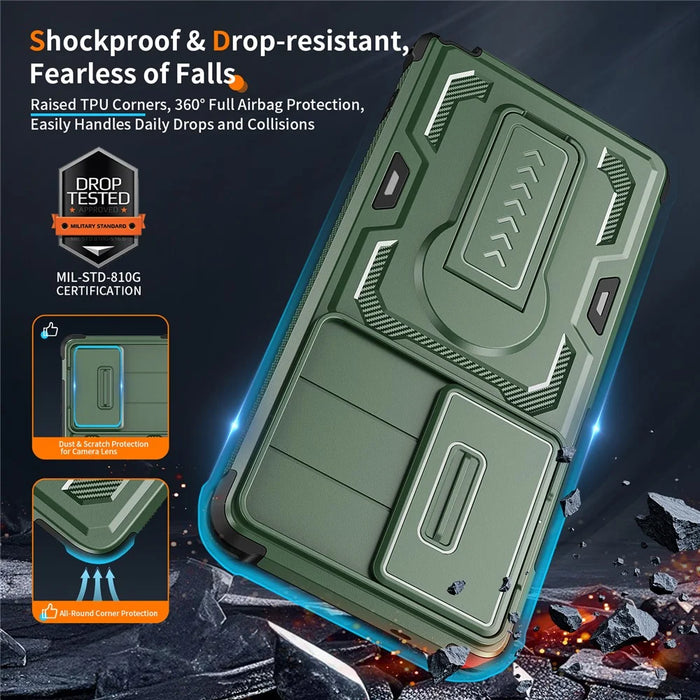 For Samsung Galaxy S25 Ultra Case Slide Lens Shield PC + TPU Kickstand Phone Cover - Green - 5