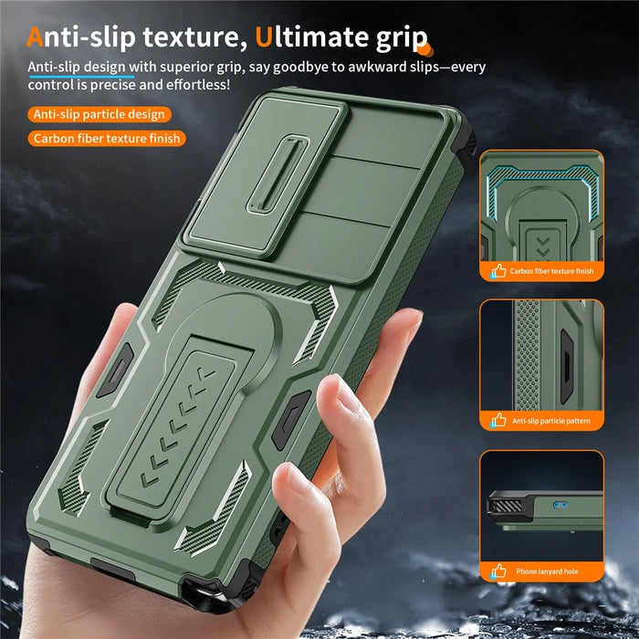 For Samsung Galaxy S25 Ultra Case Slide Lens Shield PC + TPU Kickstand Phone Cover - Green - 6