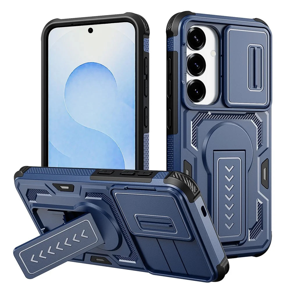 For Samsung Galaxy S25  /  S24 Case Slide Lens Shield PC + TPU Kickstand Phone Cover - Blue - 1